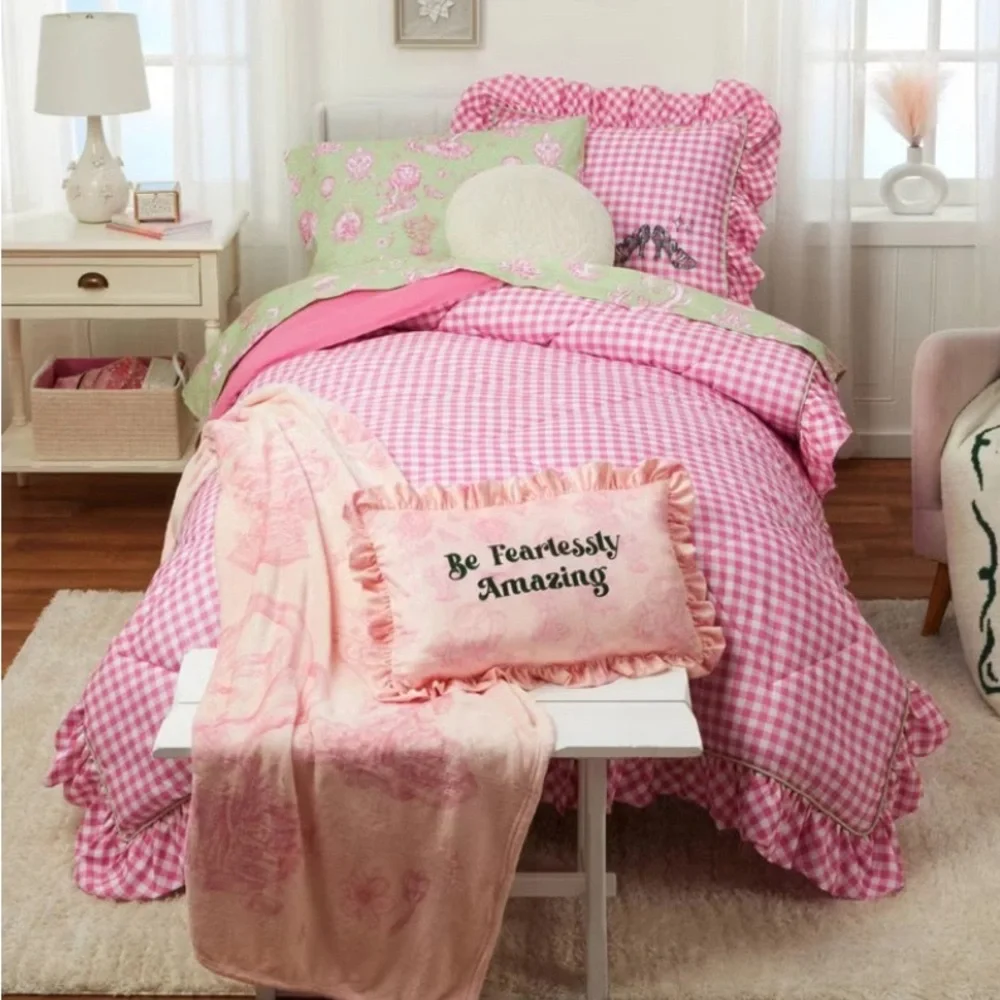 Katie Kime Wicked for Good Pink & White Gingham TWIN Size Comforter Set